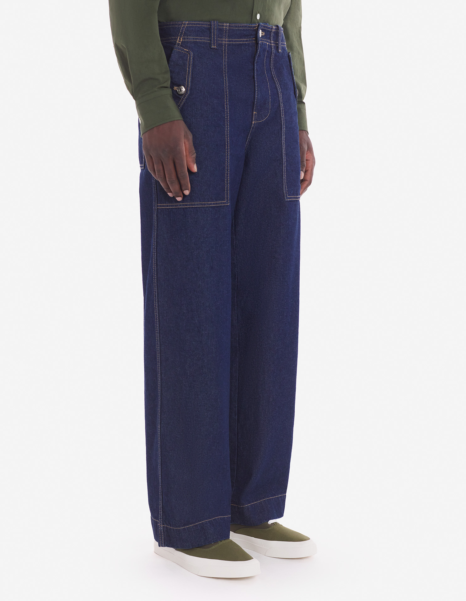 WORKWEAR PANTS IN WASHED DENIM WITH FOX HEAD PATCH | Maison Kitsuné
