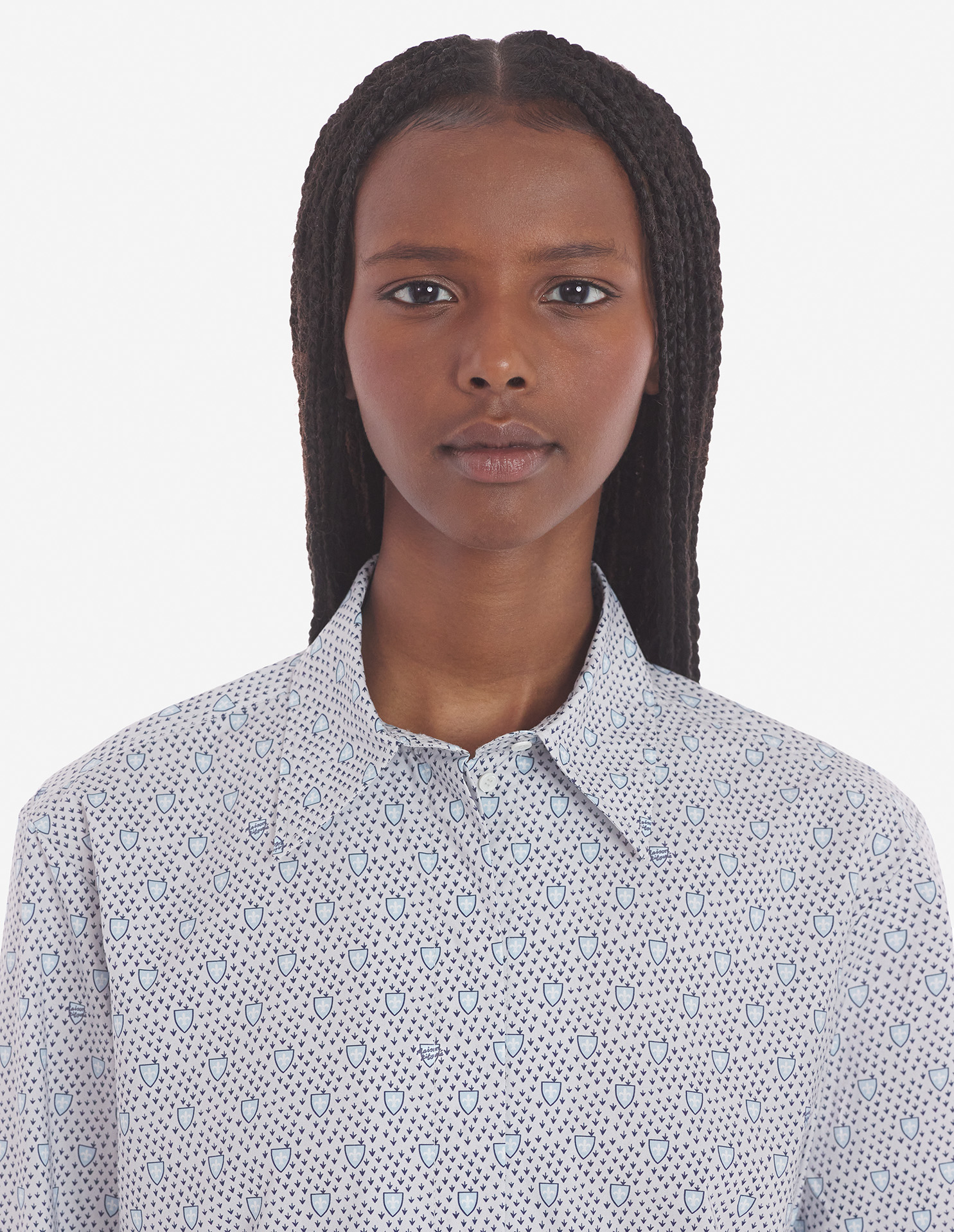 BOXY SHIRT WITH CONCEALED PLACKET IN SHIELD PRINTE