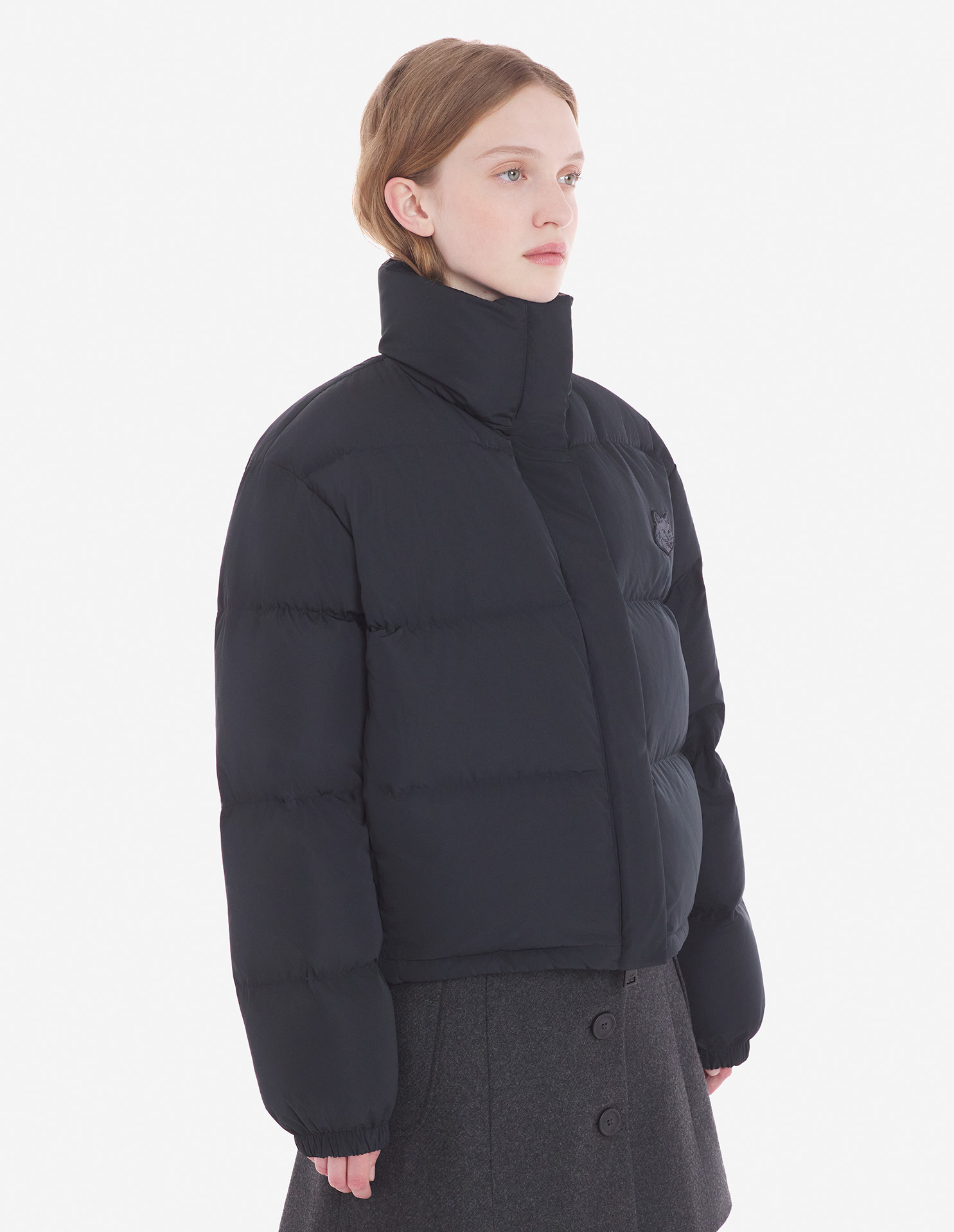 CROPPED PUFFER IN NYLON WITH BOLD FOX HEAD PATCH | Maison Kitsuné