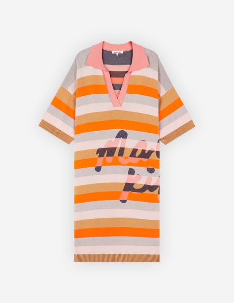 MAISON KITSUNE HANDWRITING STRIPED KNITTED DRESS,Sunset orange/ecru stripes