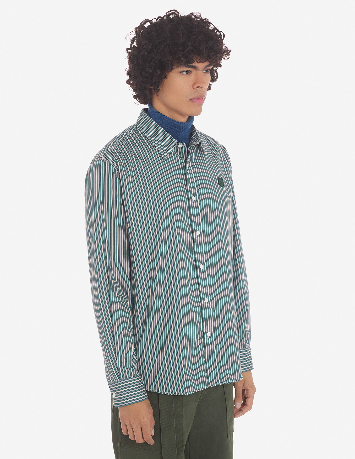 CASUAL SHIRT IN STRIPED WASHED COTTON TWILL WITH BOLD FOX HEAD