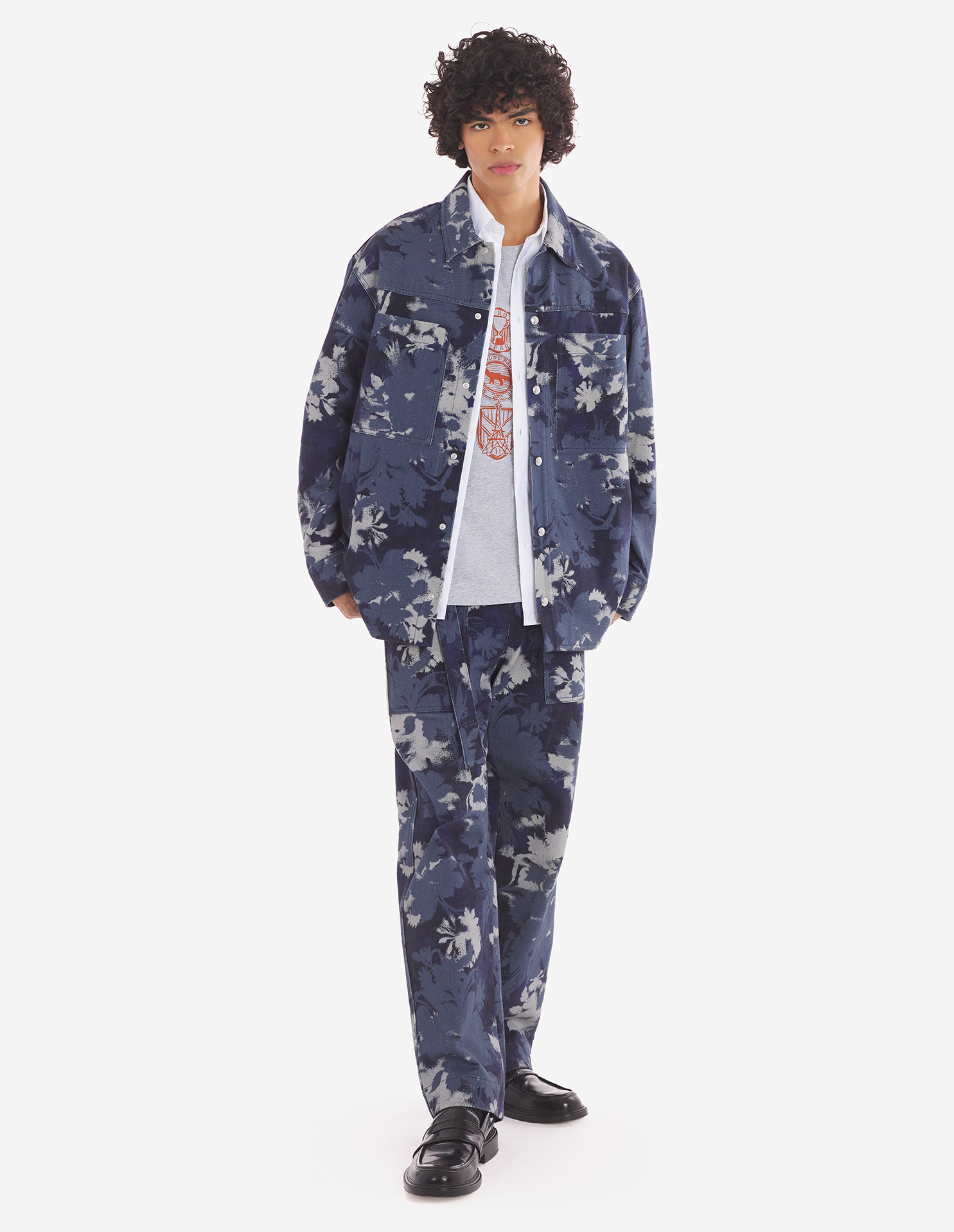 Workwear Overshirt in Bouquet Cameo Printed Cotton - Size : XL - Color : Navy/Stone Floral Cameo - for Men - Maison Kitsuné