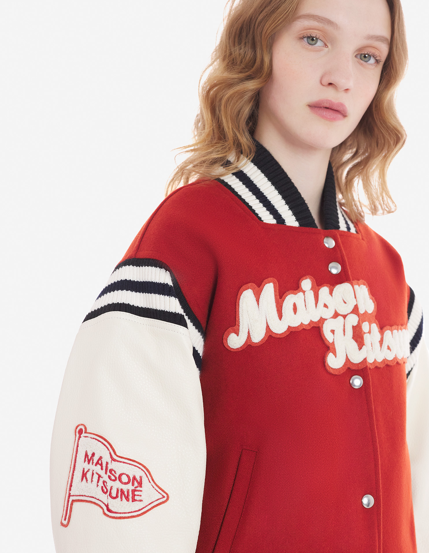 VARSITY JACKET IN WOOL FELT WITH LEATHER SLEEVES | Maison Kitsuné