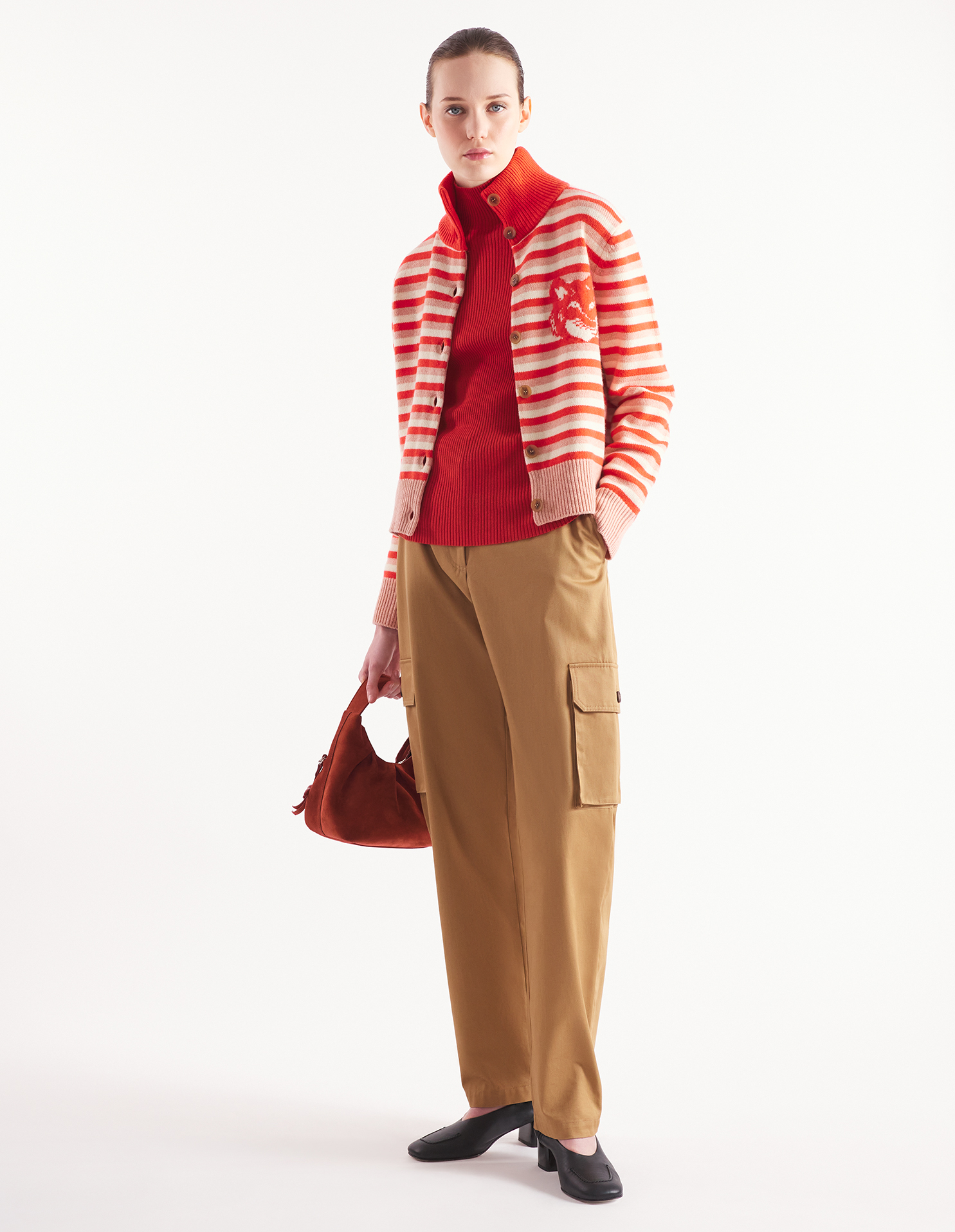 FOX HEAD INTARSIA STRIPED HIGH NECK CARDIGAN