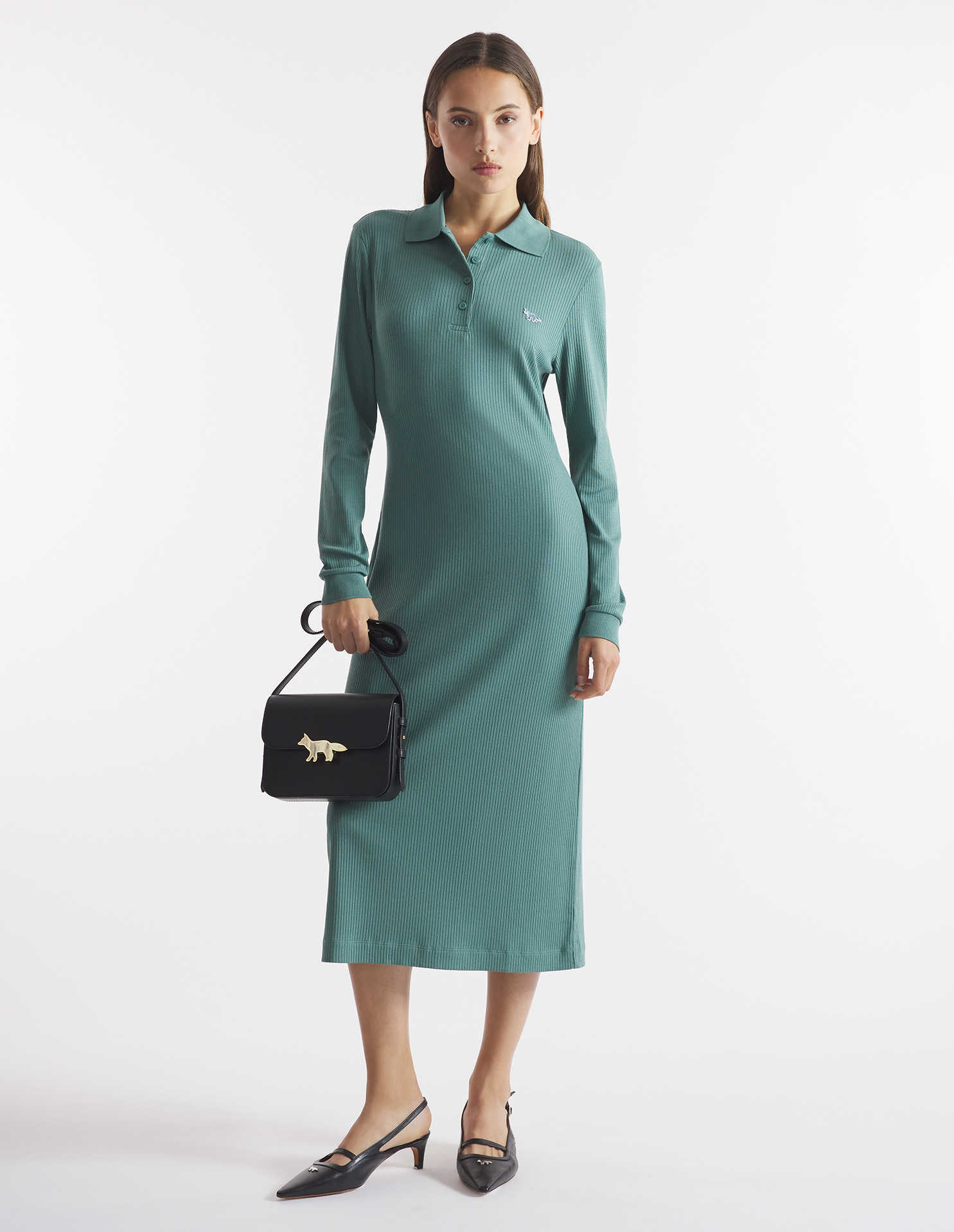 FINE RIBBED LONG SLEEVES POLO DRESS