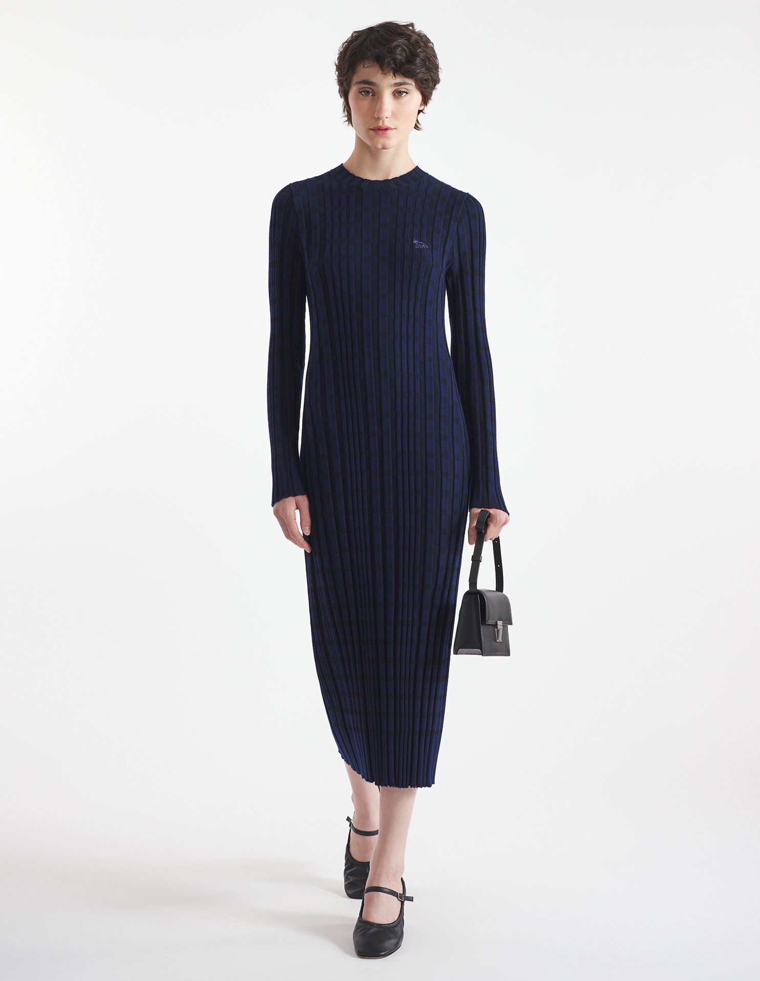 CHECKED RIBBED LONG DRESS